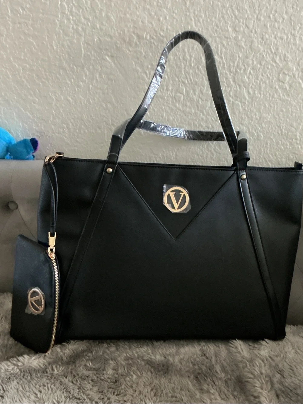 Joan Vass Black Tote with Gold Logo and Wristlet